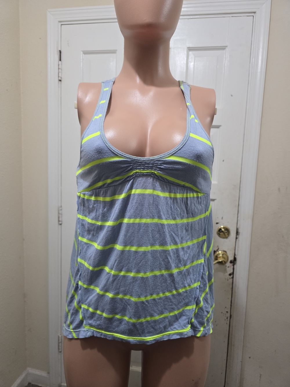 Free People Light Gray Tank Top with Neon Yellow Stripes